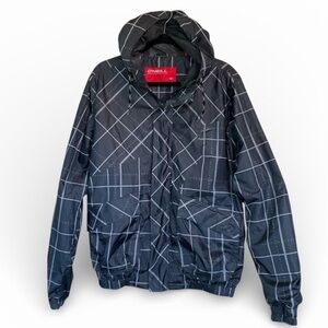 O’NEILL windbreaker, hood, grey & white, front zip, Velcro cuff/front/pockets XL